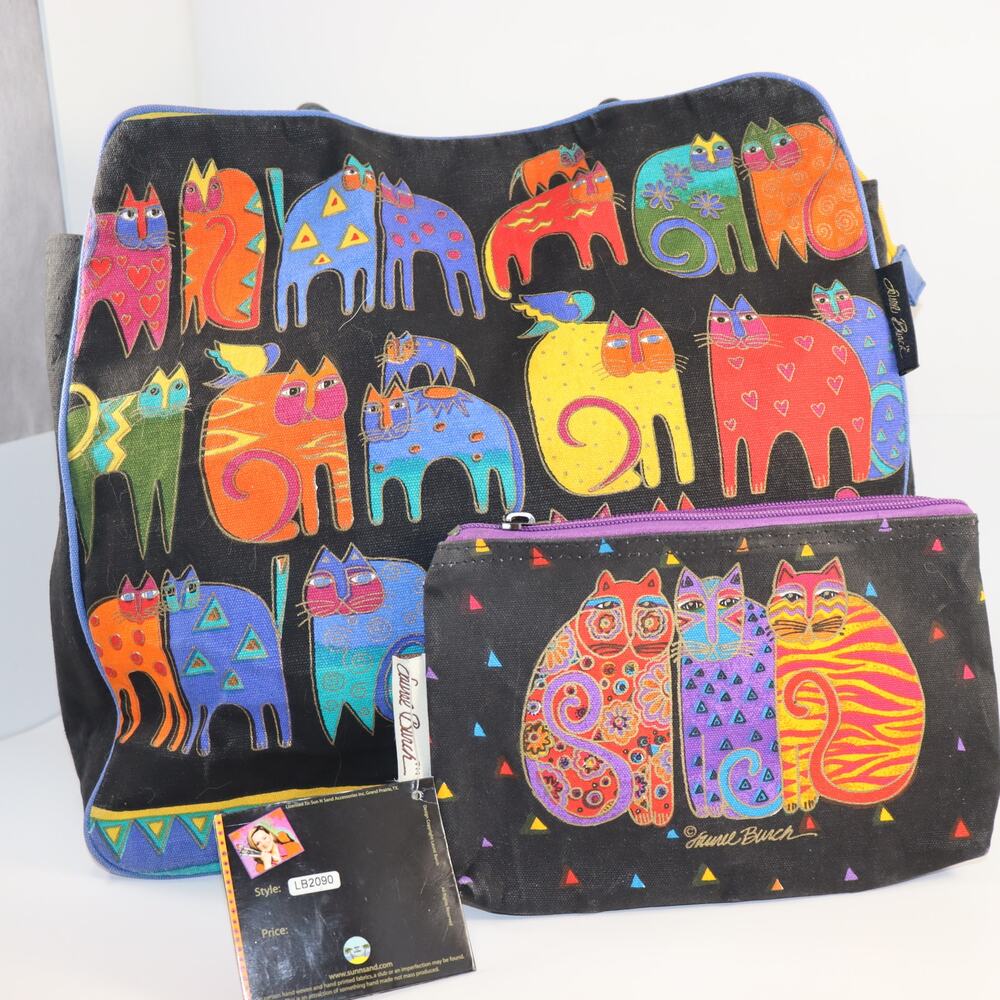 Laurel Burch Colorful Cat Tote Bag Canvas Art + Matching Zip Pouch‎